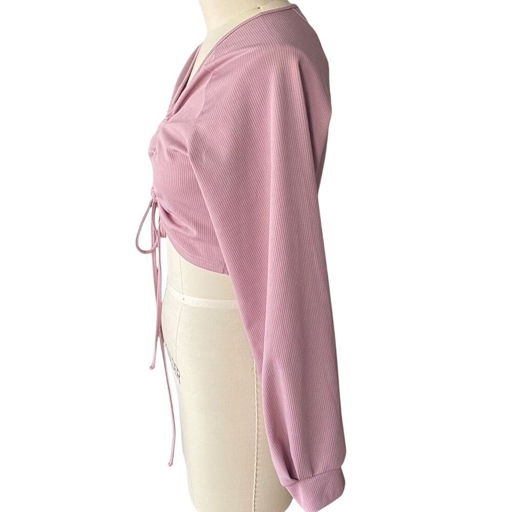 NWT ~ ROMWE Pink Ribbed Front Tie Cropped Long Sleeve Top ~ Women's Size LARGE - Picture 7 of 8